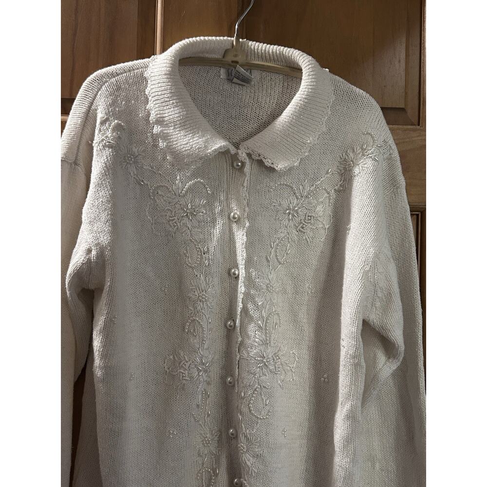 VTG Sellecca Cardigan S White Pearl Embro Beaded Cardigan Sweater Cottagecore